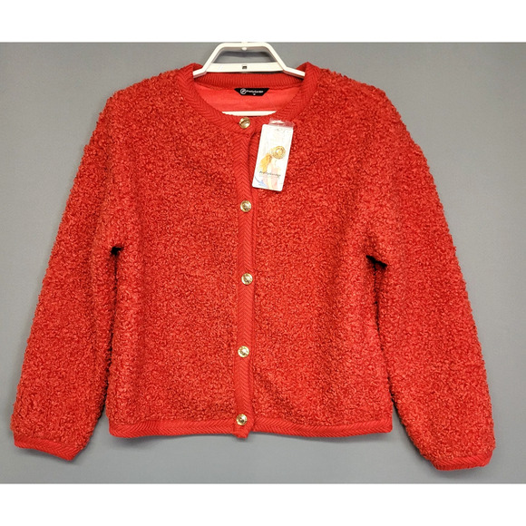 Pretty Garden Fuzzy Cardigan Womens M Red Button Front Faux Fur Shearling New - Picture 1 of 13